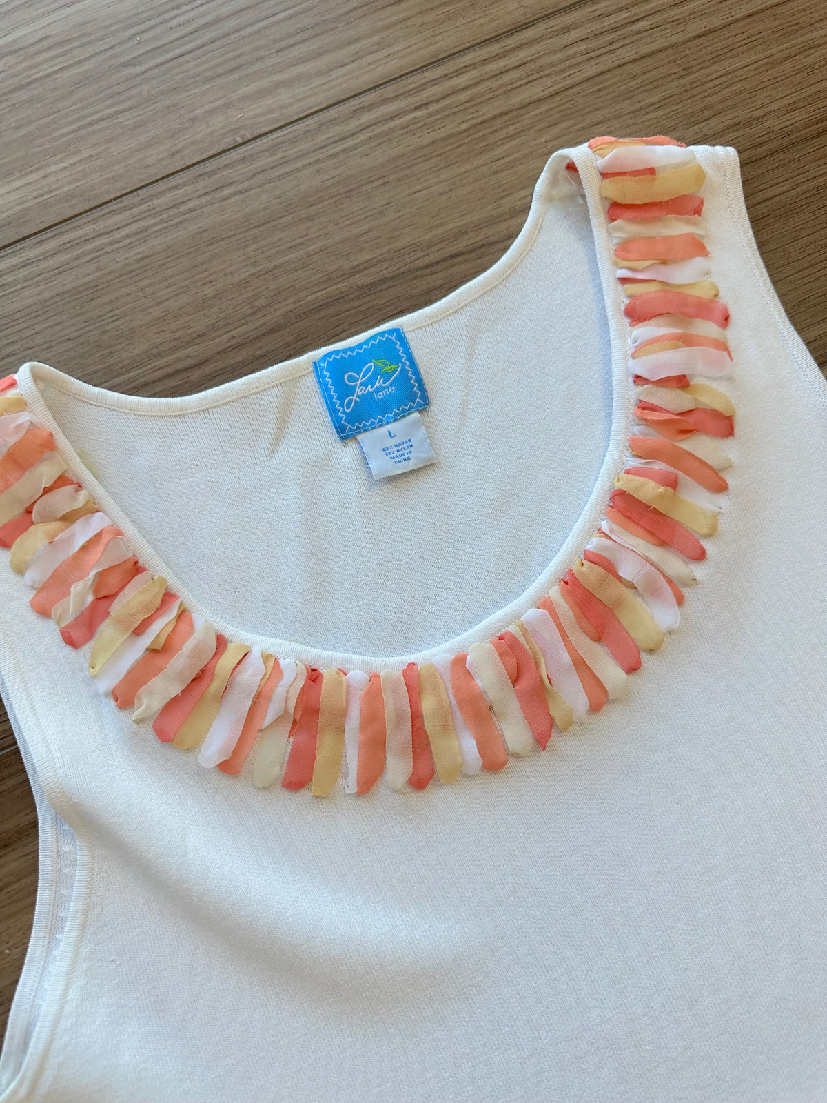 Vintage Lara Lane White Peach Tank with Ribbon Neckline