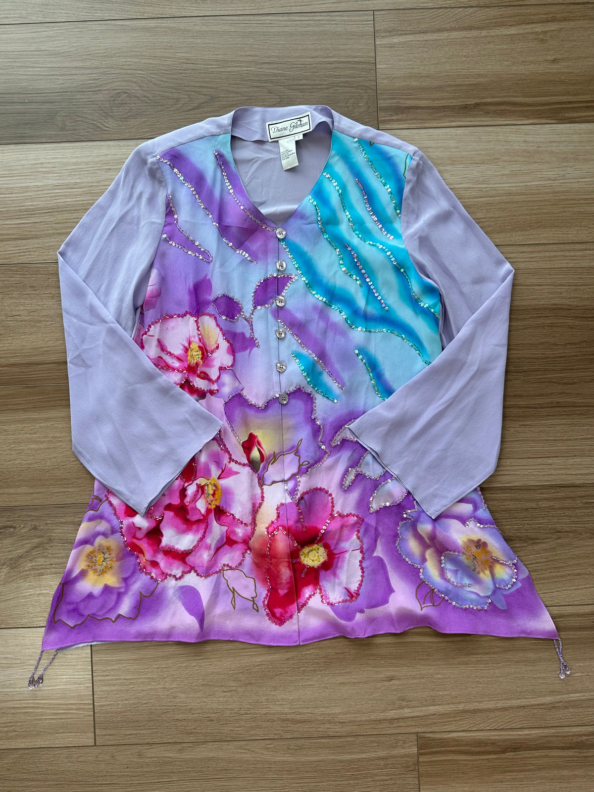 1980s Diane Gilman Purple Pink Sequin Silk Floral Blouse