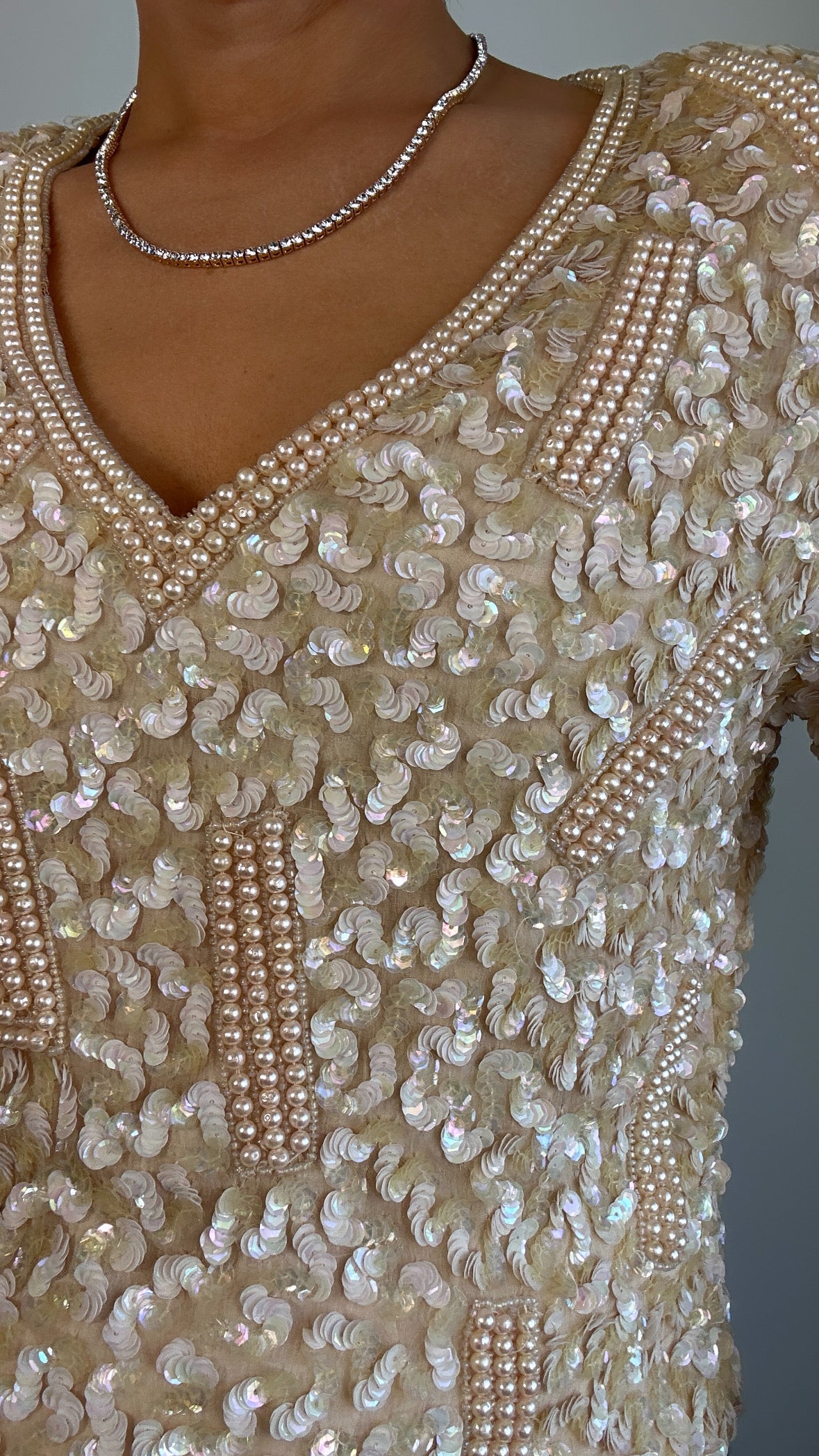 Vintage Silk Sequin Pearl Beaded Cream Statement Top