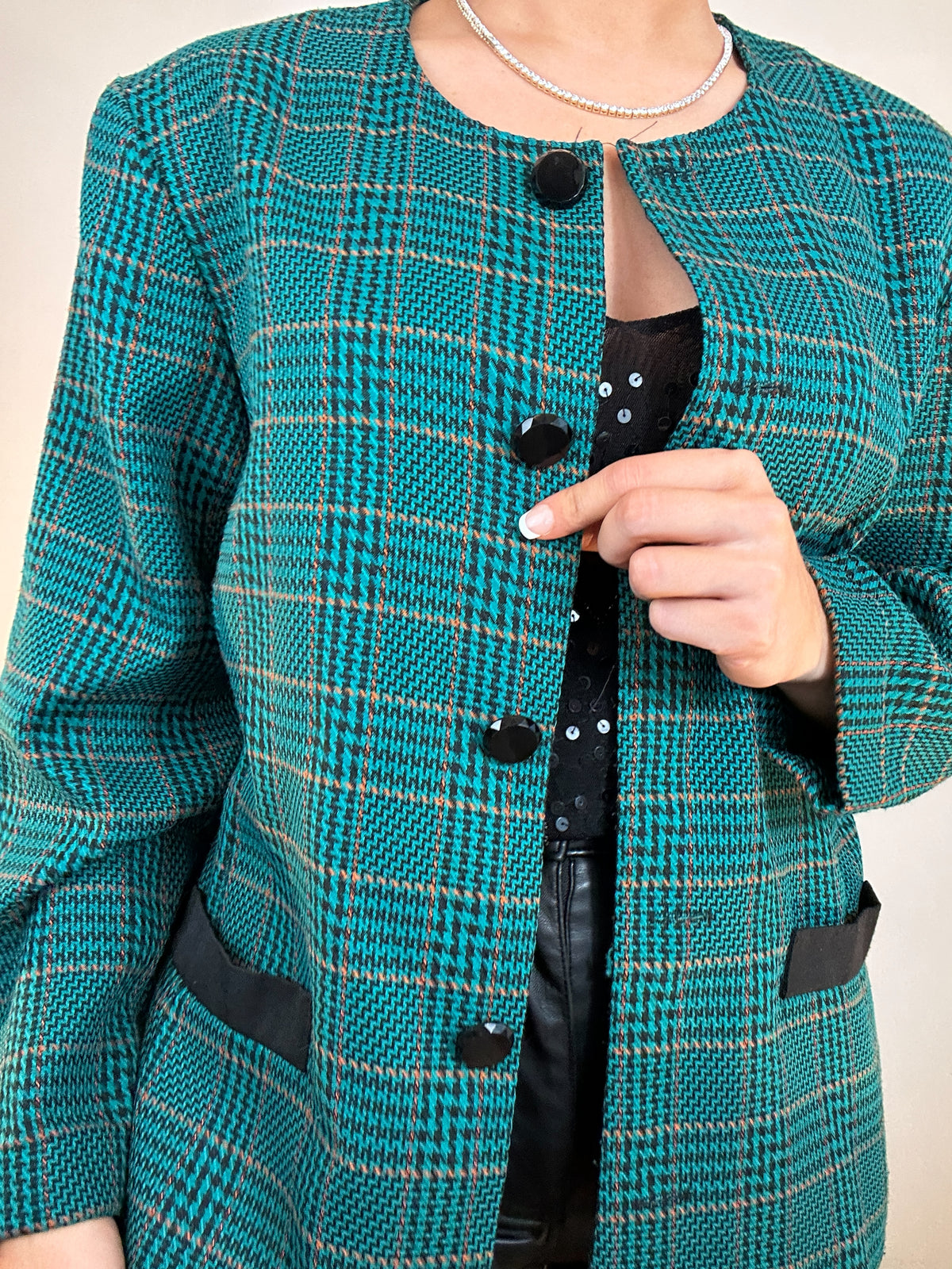 Vintage Cricket Lane Green Mustard Black Houndstooth Plaid Blazer Jacket