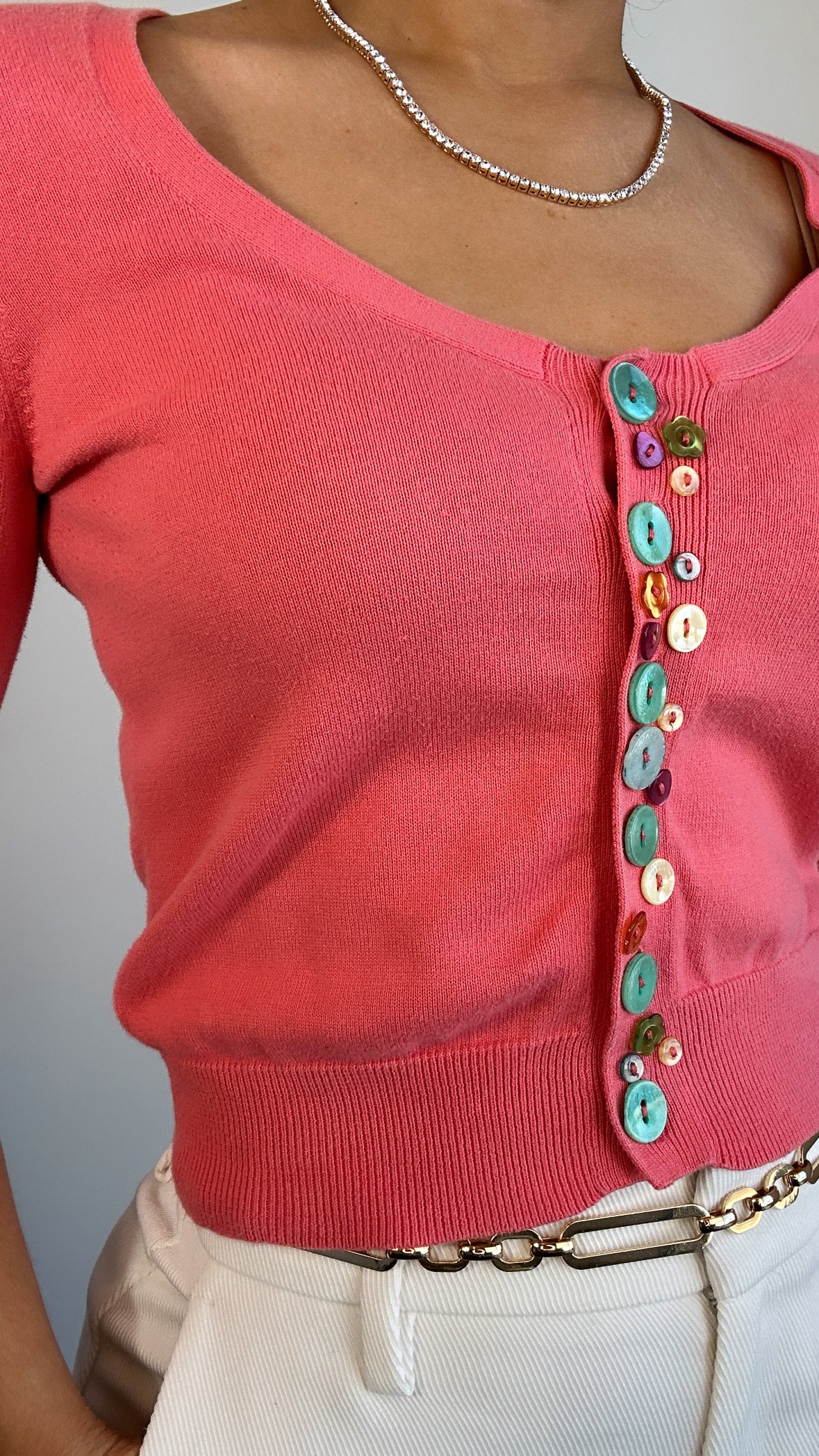 Y2K Salmon Multicolor Button Crop Mini Cardigan Top