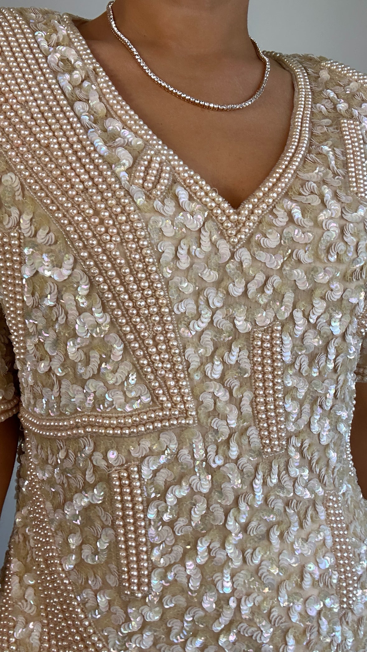 Vintage Silk Sequin Pearl Beaded Cream Statement Top