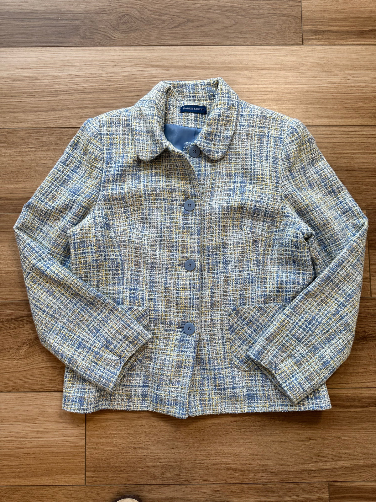 Vintage Light Blue Yellow Blend Tweed Karen Scott Blazer Jacket