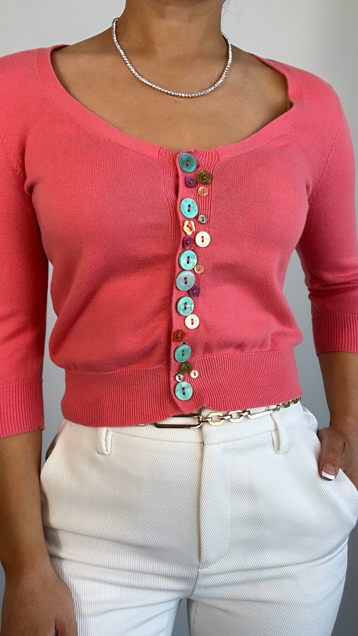 Y2K Salmon Multicolor Button Crop Mini Cardigan Top