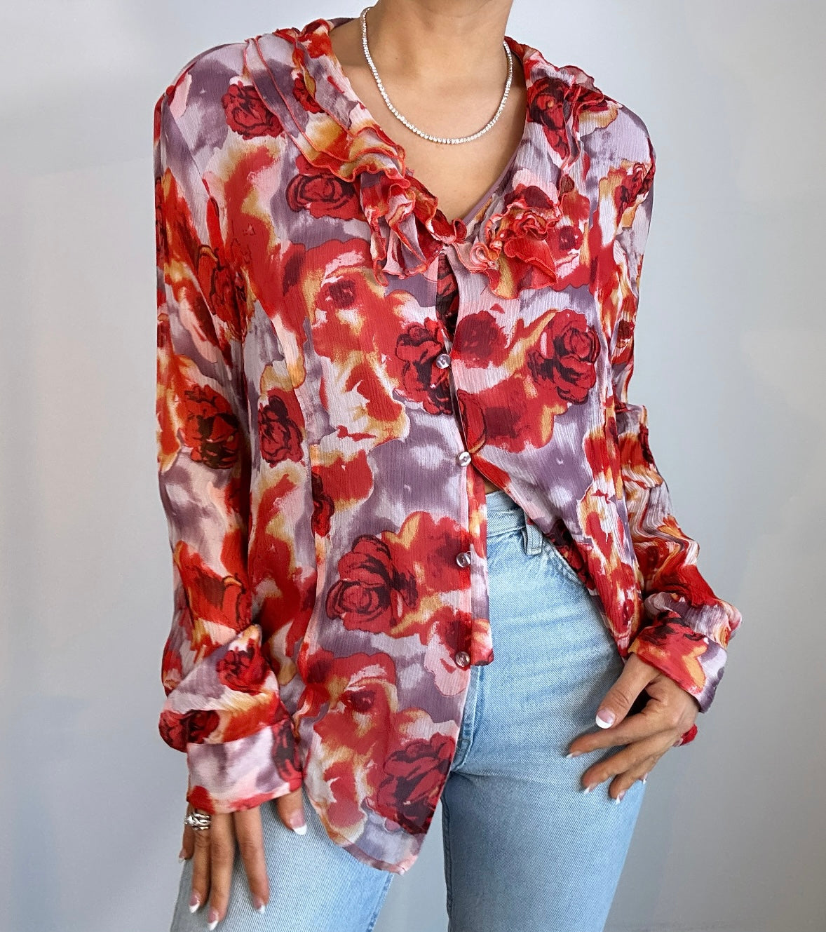 Y2K Pink Purple Floral Silk Ruffle Blouse