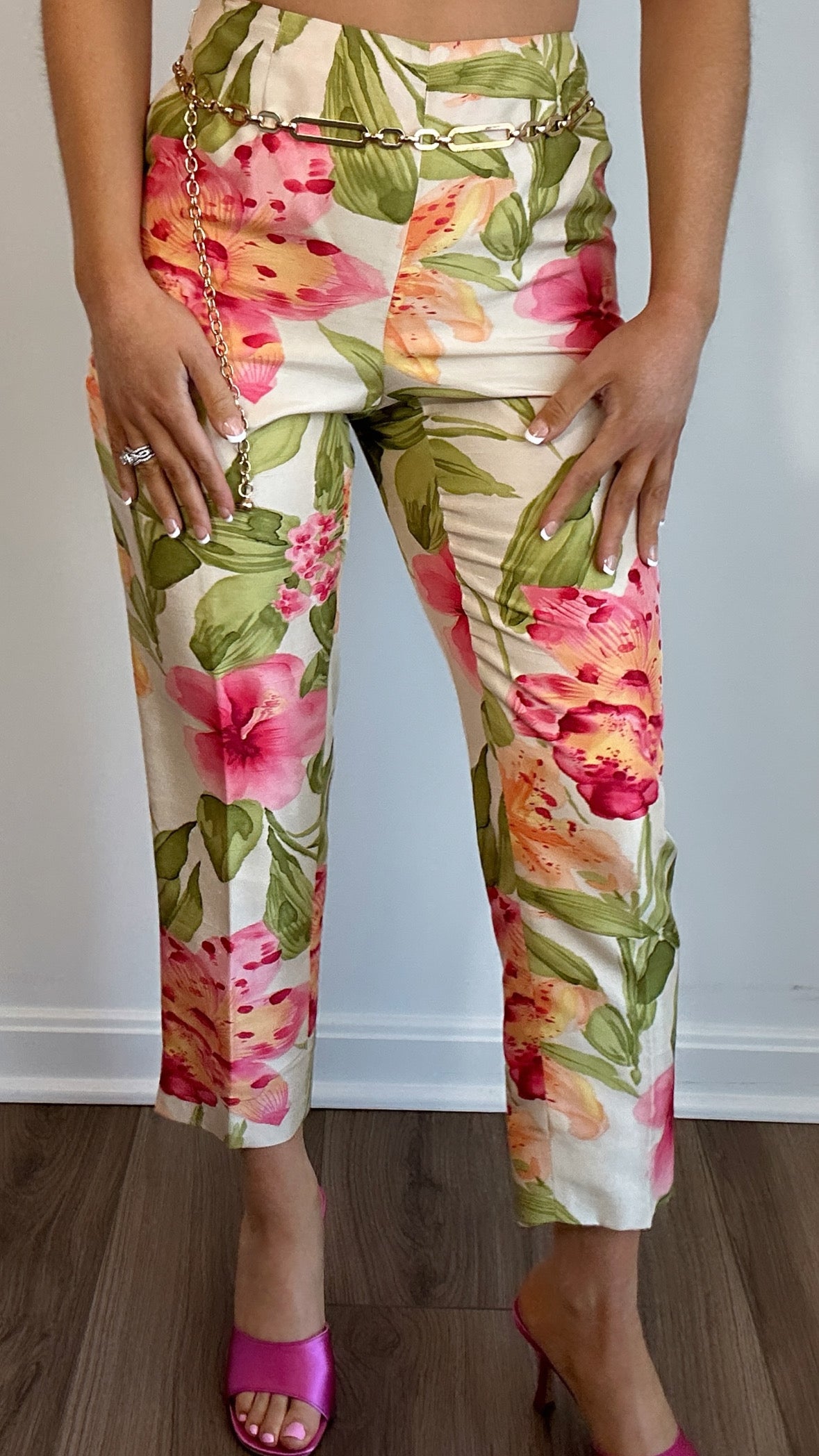 Vintage Dana Buchman Silk Floral Multicolor Crop Midi Rise Pants