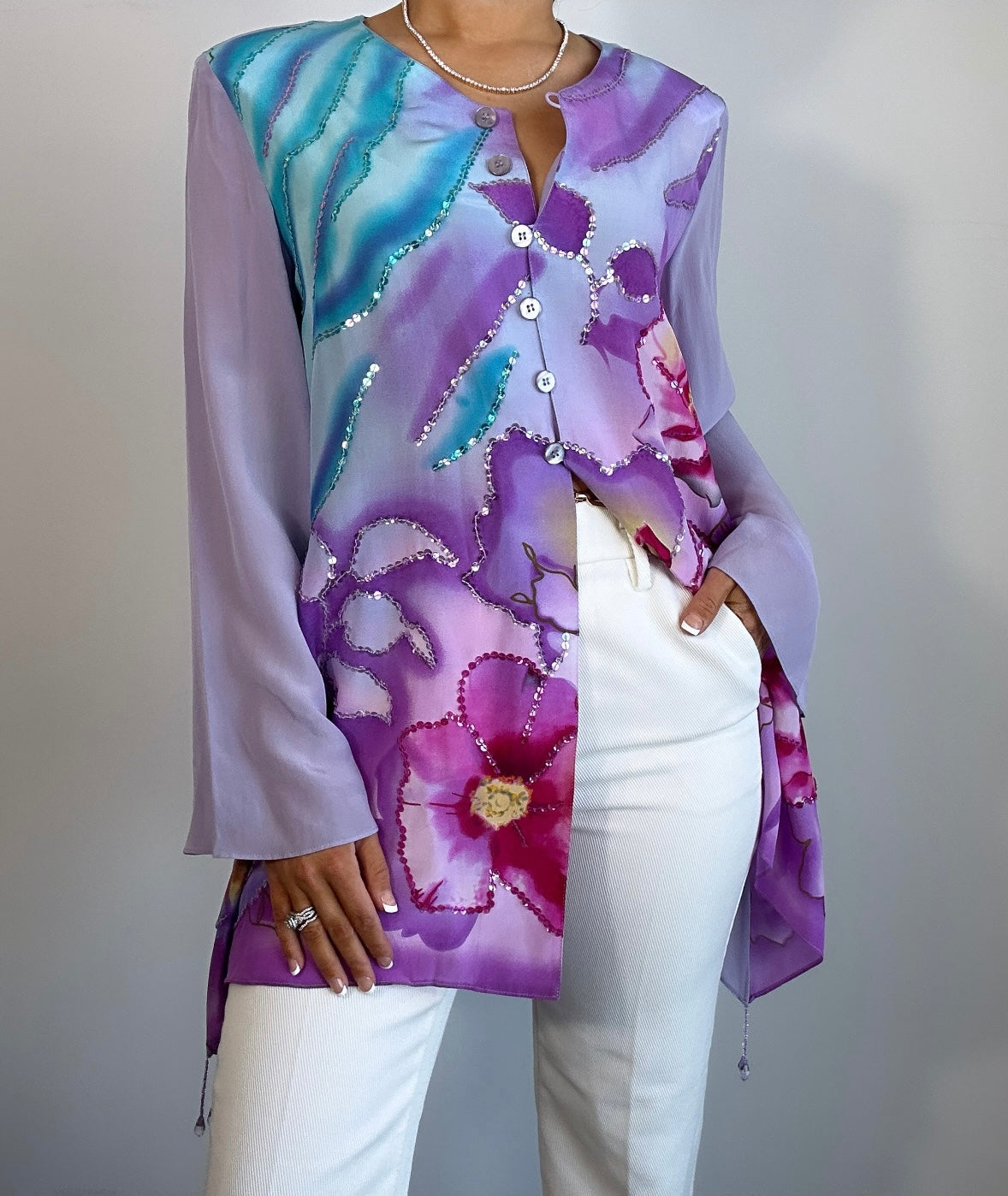 1980s Diane Gilman Purple Pink Sequin Silk Floral Blouse