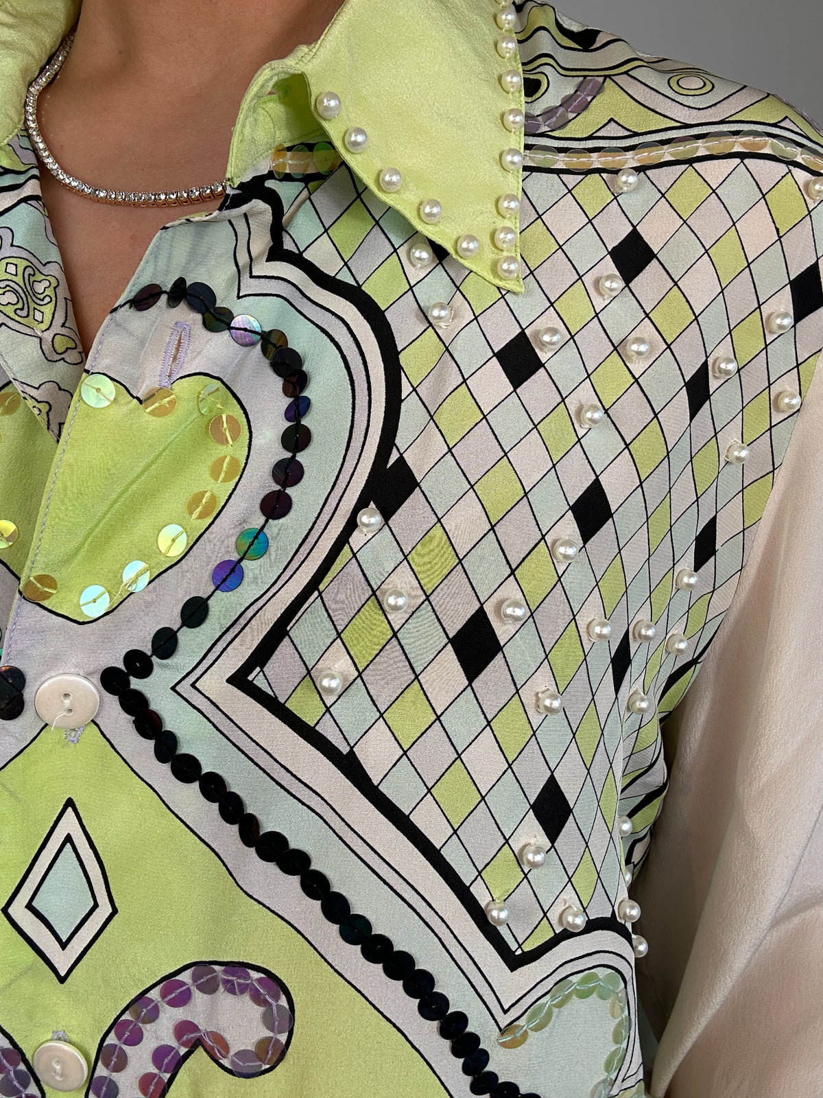 Vintage Diane Gilman 100% Silk Sequin Lime Green Patterned Button Down Top
