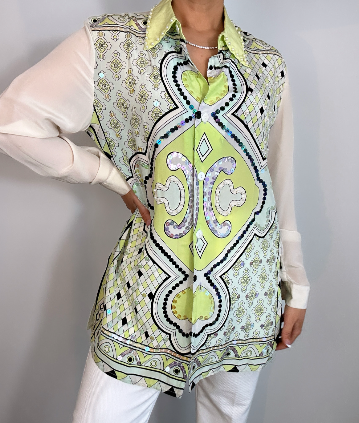 Vintage Diane Gilman 100% Silk Sequin Lime Green Patterned Button Down Top