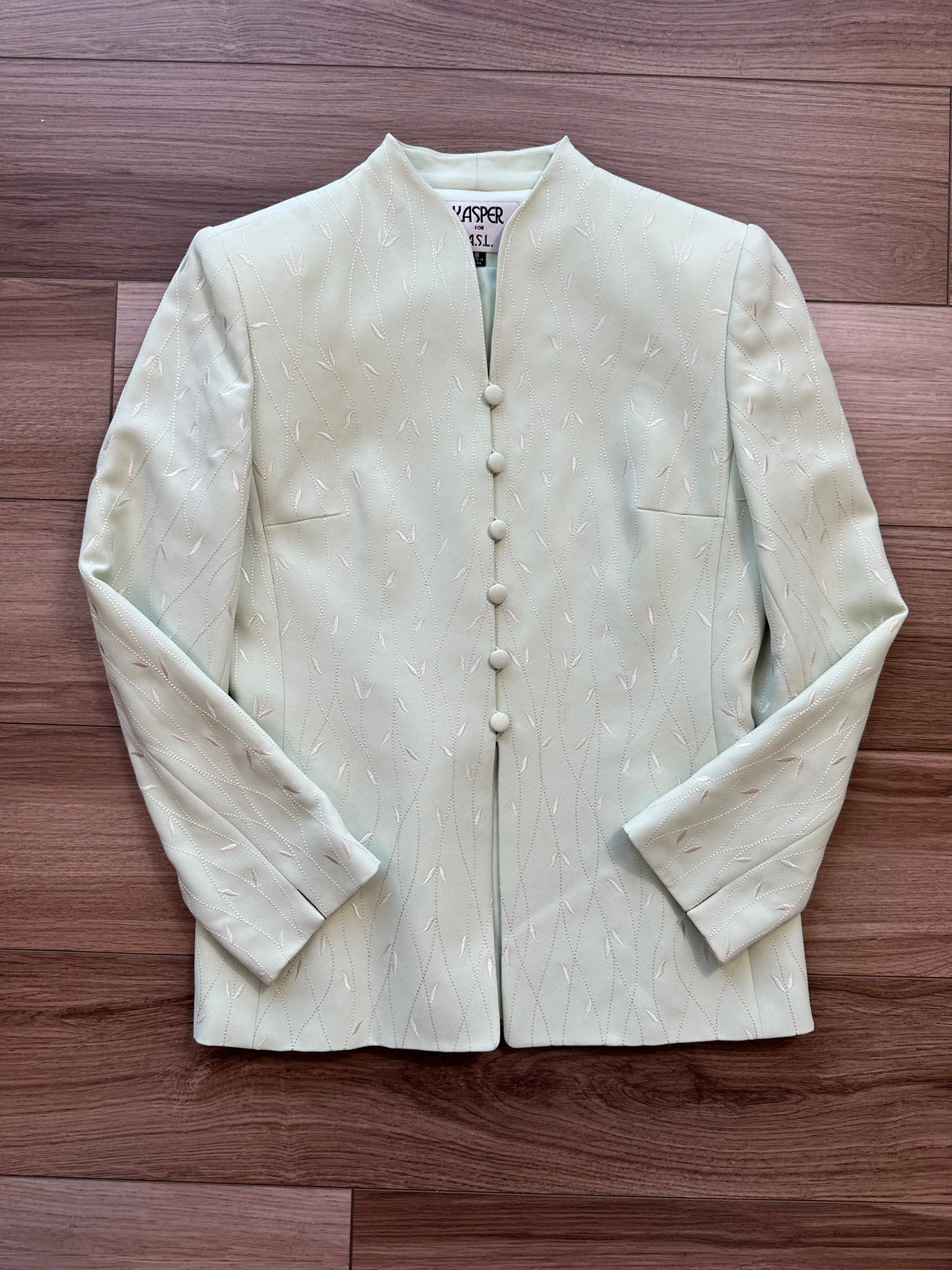 Vintage Light Green White Embroidered Longline Blazer Jacket