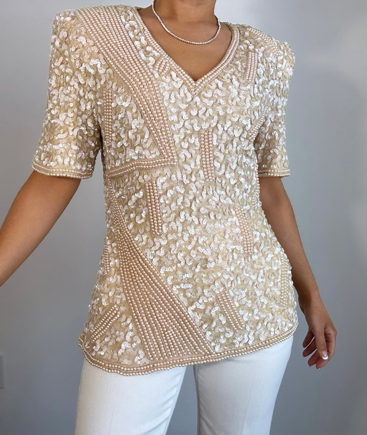 Vintage Silk Sequin Pearl Beaded Cream Statement Top