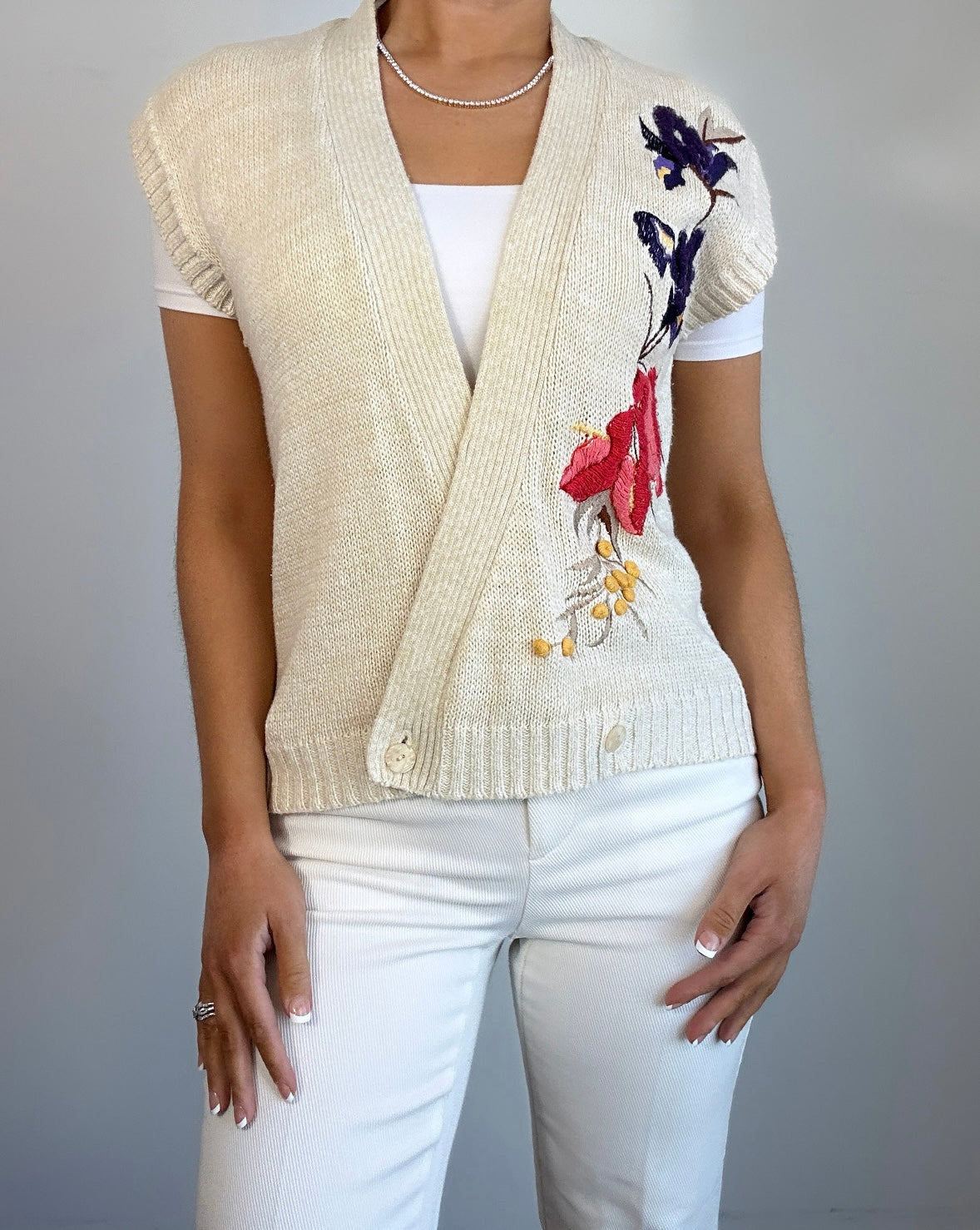 Vintage Cream Multicolor Embroidered Wrap Vest