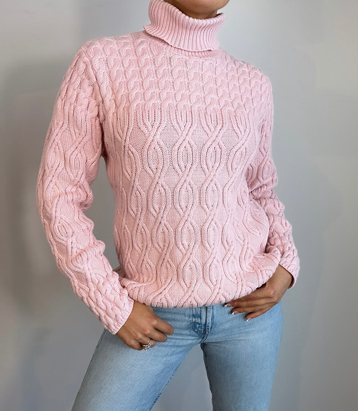 Vintage Light Pink Cable Knit Turtleneck Sweater