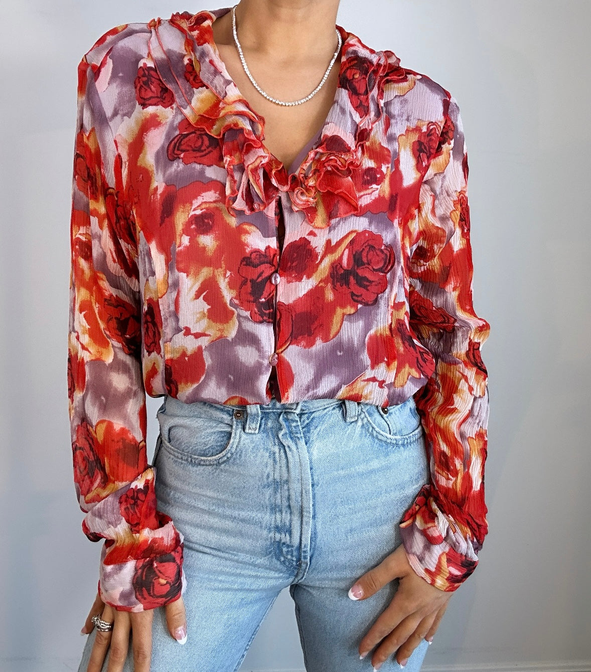 Y2K Pink Purple Floral Silk Ruffle Blouse