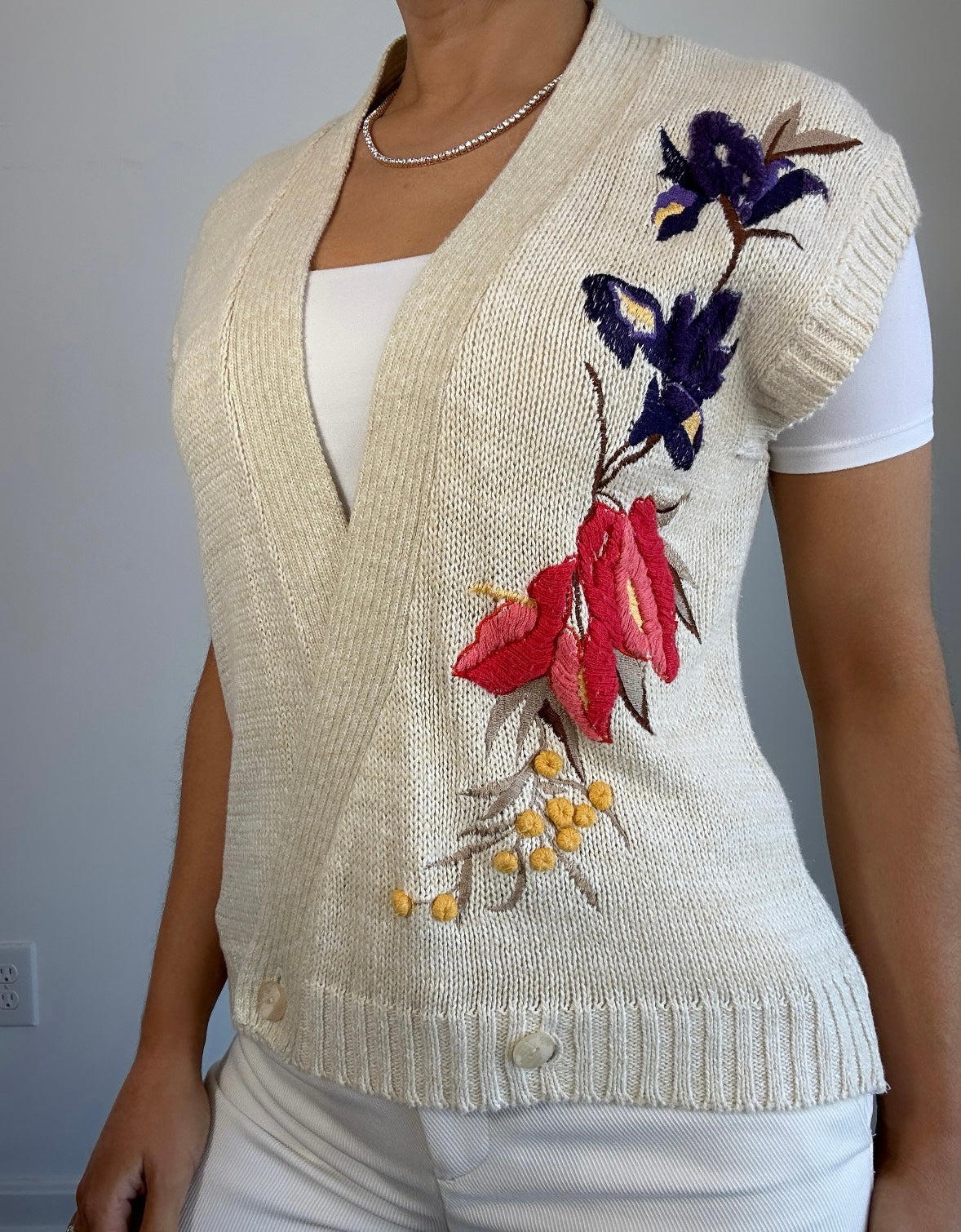 Vintage Cream Multicolor Embroidered Wrap Vest