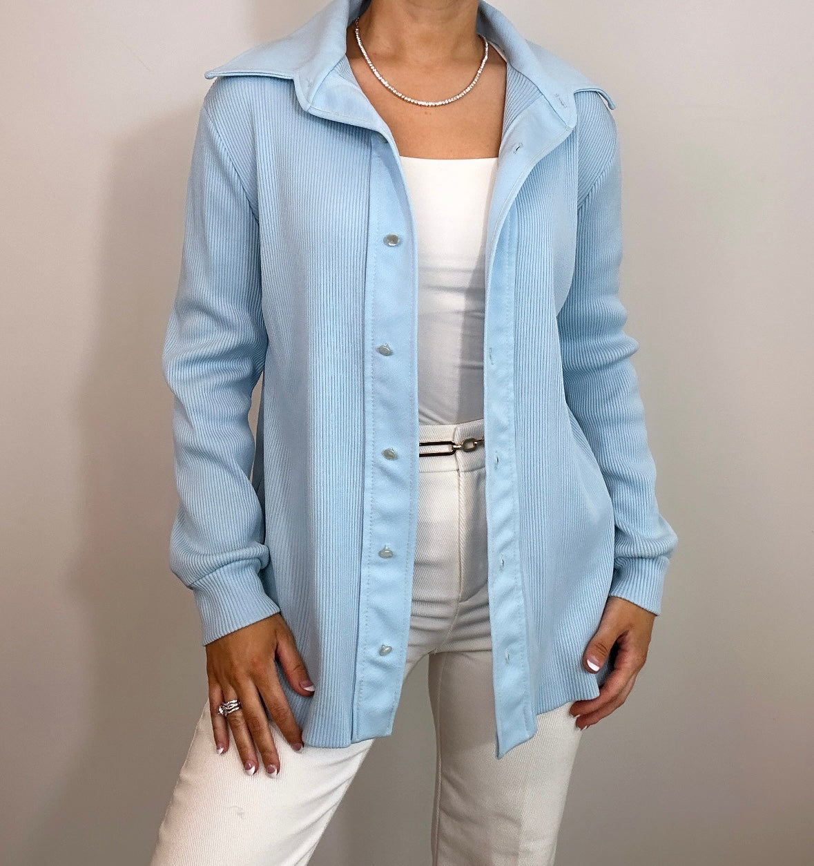 1970's Light Blue Double Knit Poly Dagger Collar Button Down
