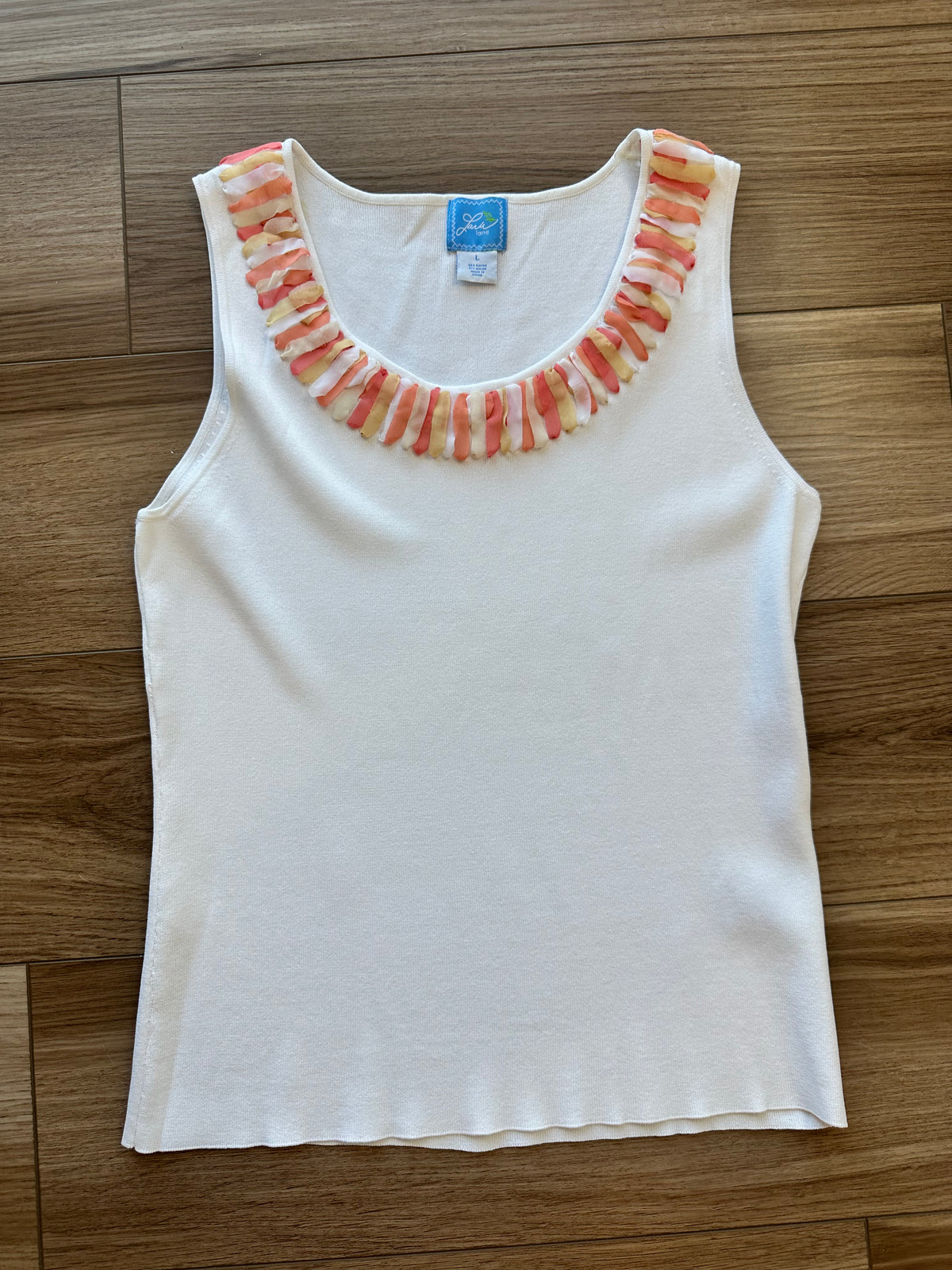 Vintage Lara Lane White Peach Tank with Ribbon Neckline
