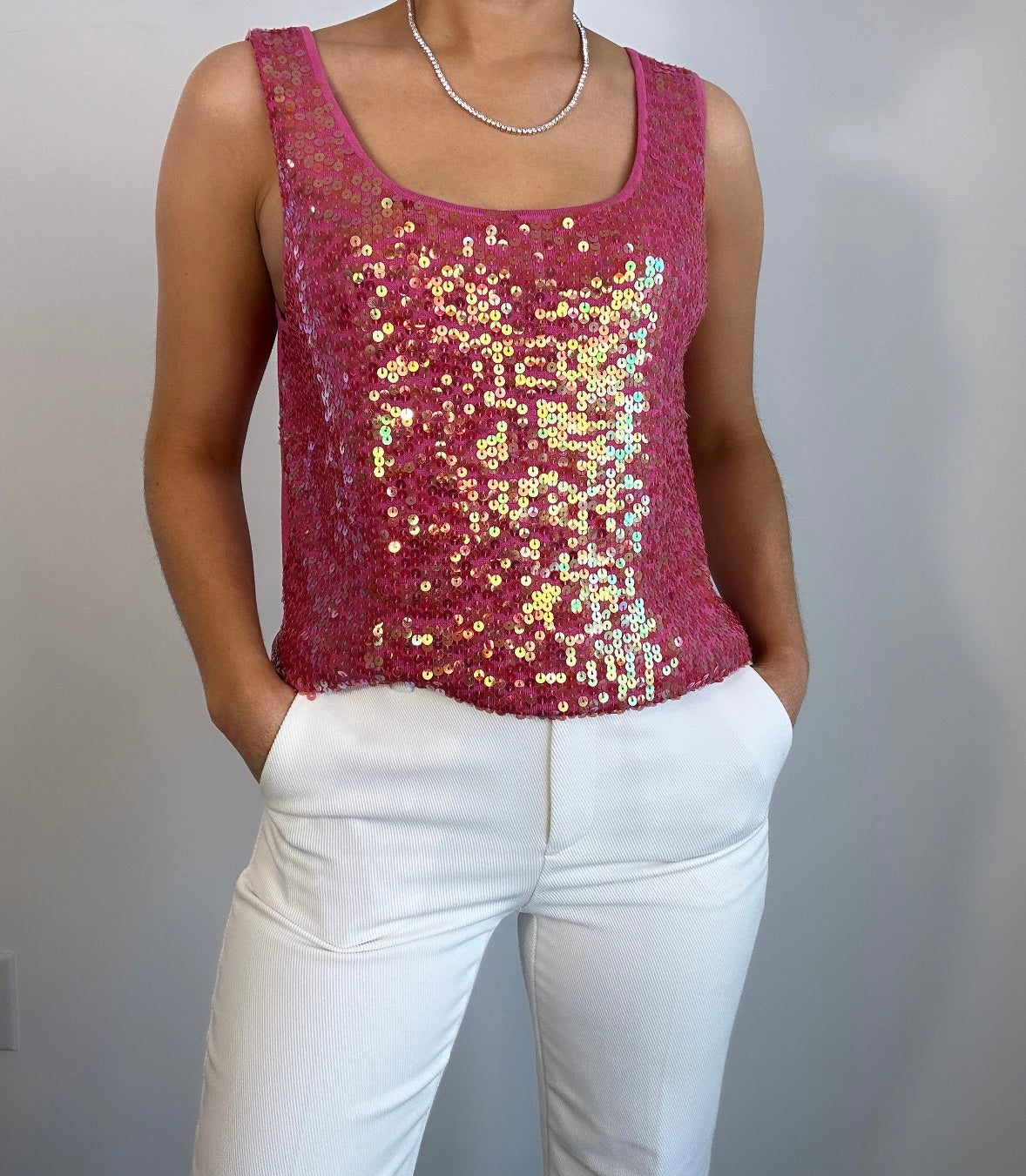 Y2k Hot Pink Silk Sequin Tank Top