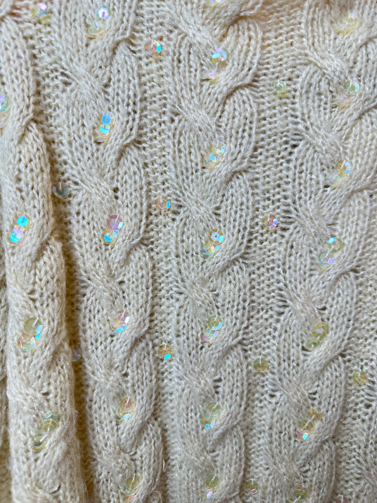 Vintage Venezia Jeans Cream Sequin Embellished Mock Neck Chunky Knit Sweater