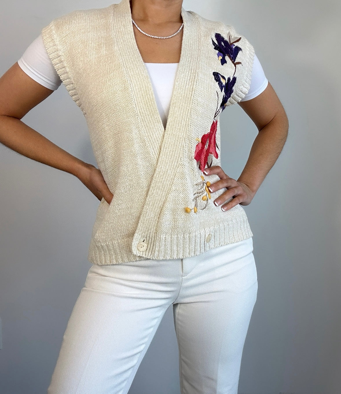 Vintage Cream Multicolor Embroidered Wrap Vest