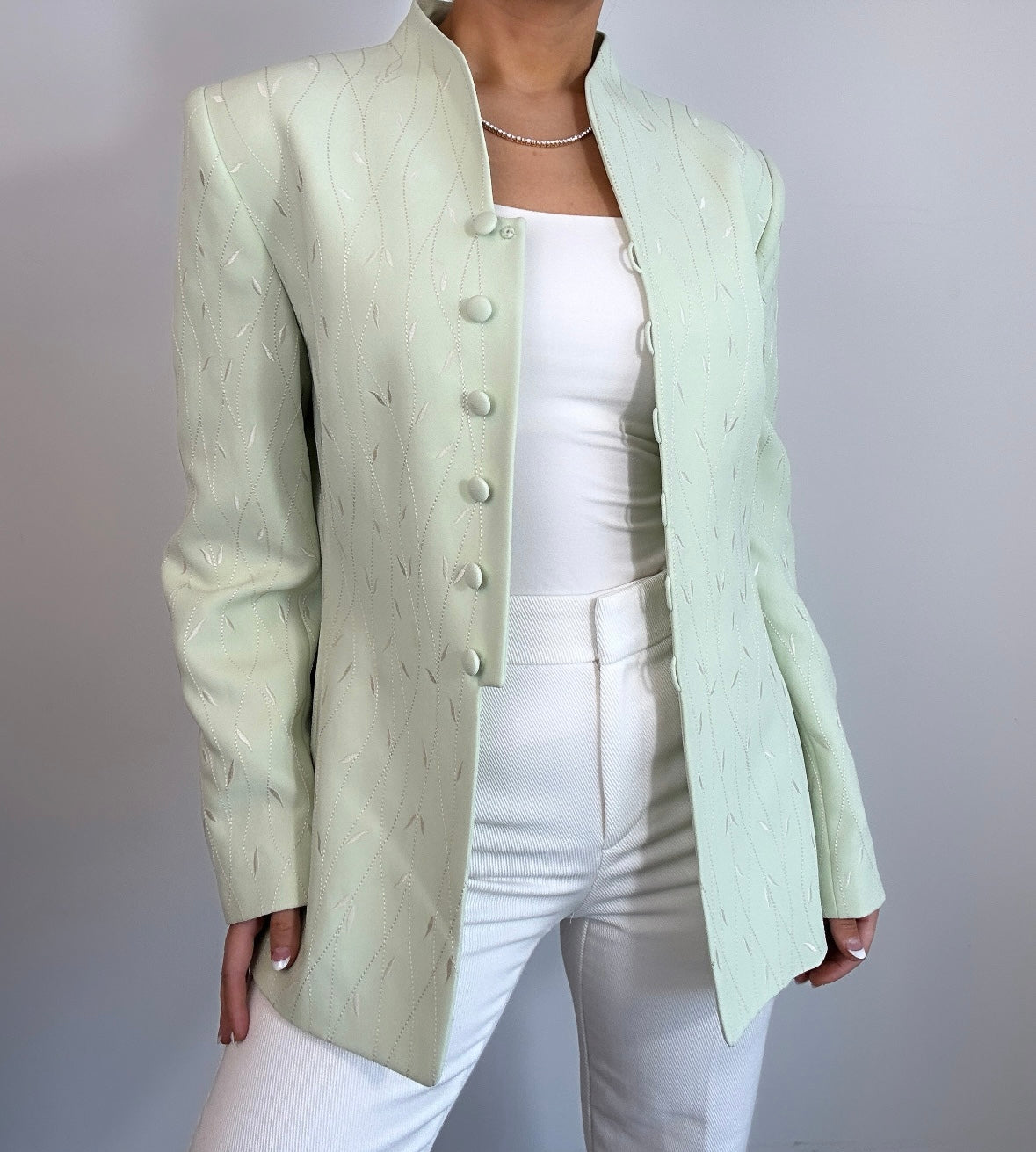 Vintage Light Green White Embroidered Longline Blazer Jacket