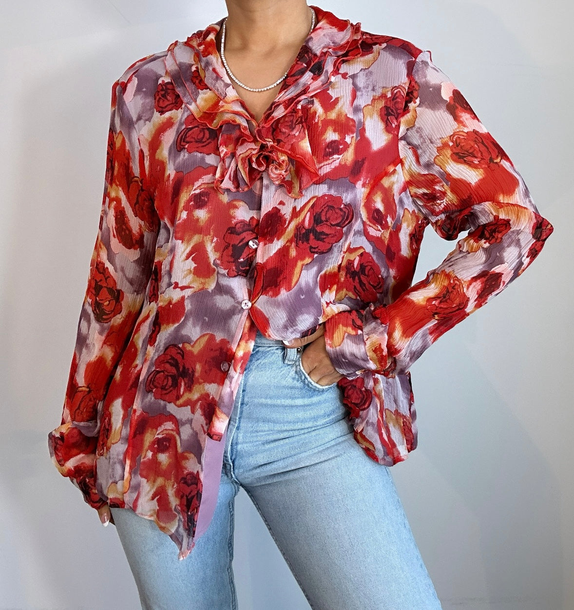 Y2K Pink Purple Floral Silk Ruffle Blouse
