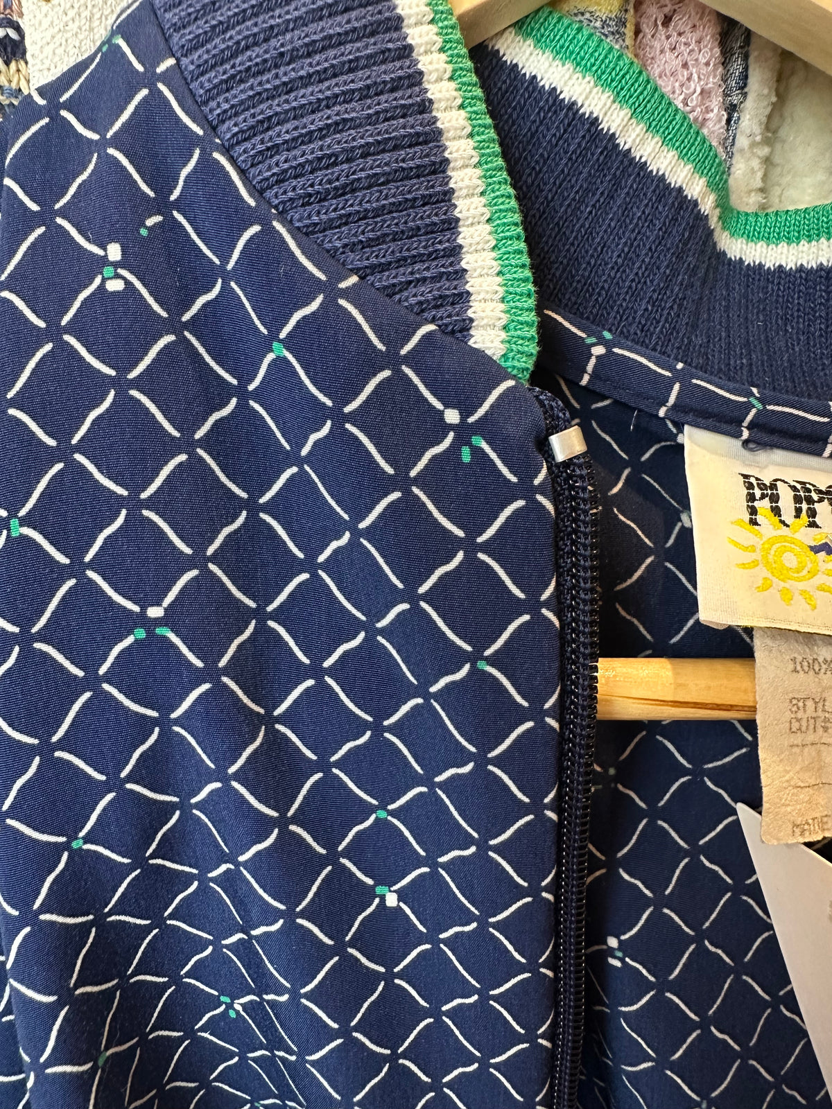 Vintage Popovitch Play Navy & Green Trim Printed Bomber Sports Jacket