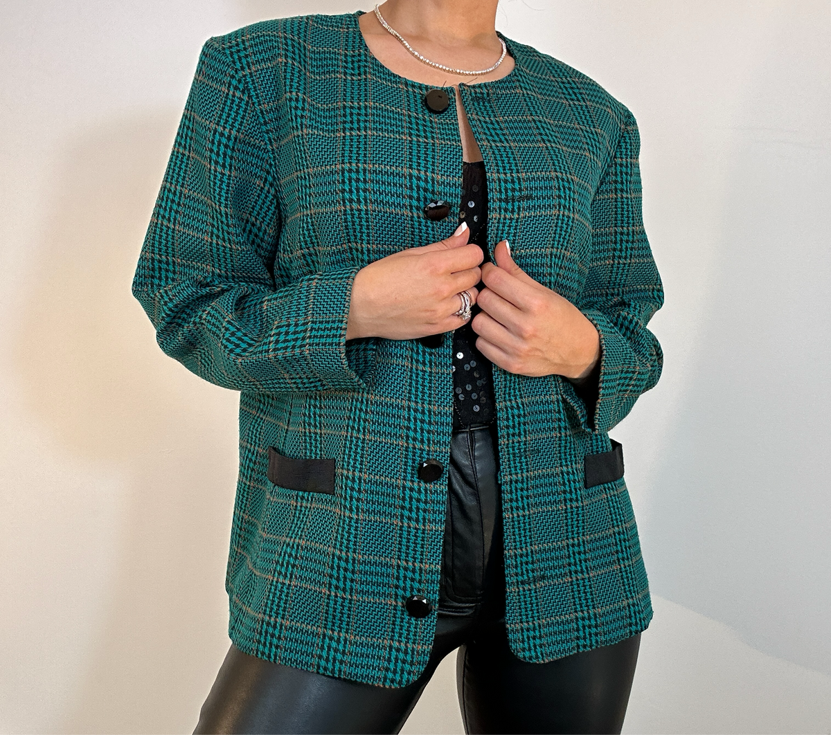 Vintage Cricket Lane Green Mustard Black Houndstooth Plaid Blazer Jacket