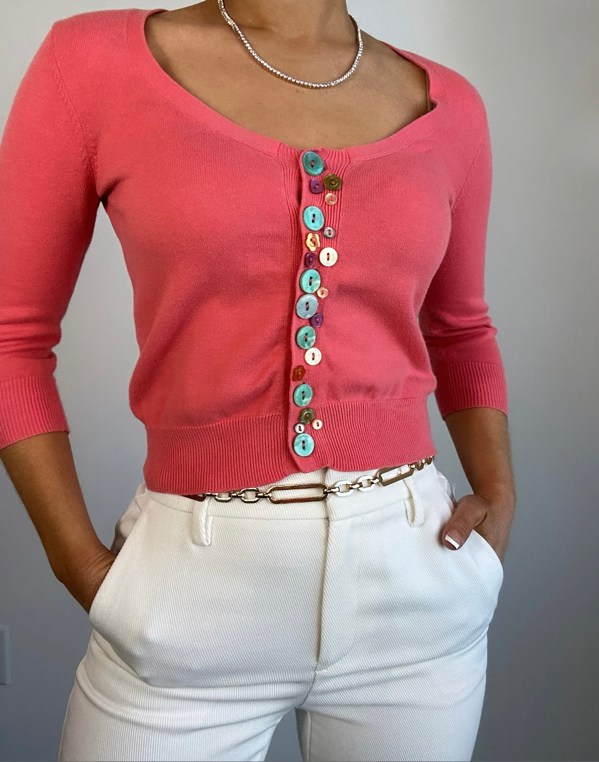 Y2K Salmon Multicolor Button Crop Mini Cardigan Top