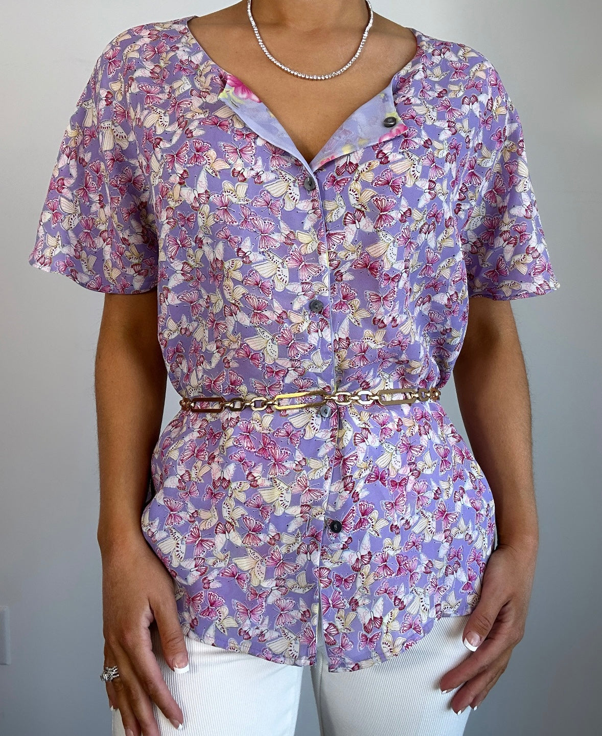 Vintage Lavender Pink Reversible Butterfly Floral Blouse