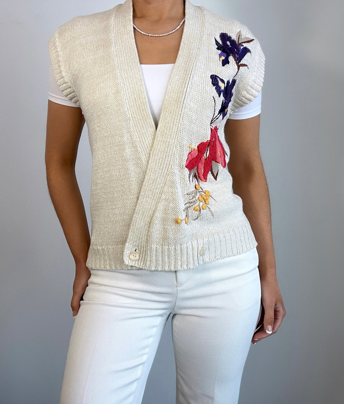 Vintage Cream Multicolor Embroidered Wrap Vest