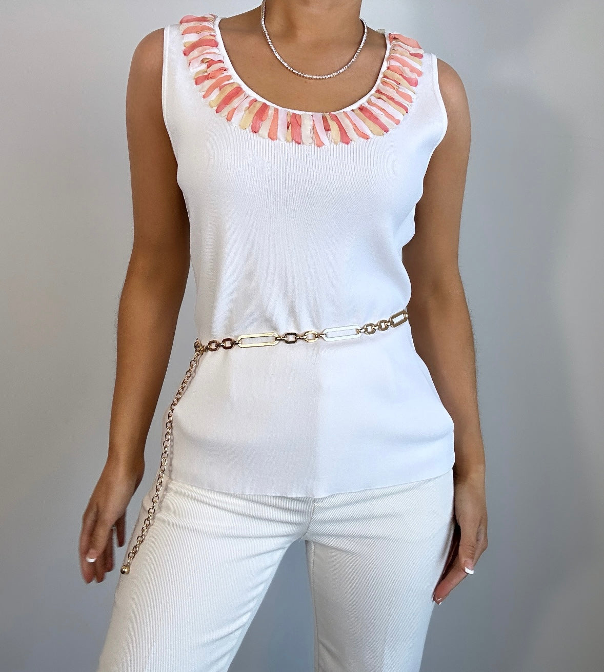 Vintage Lara Lane White Peach Tank with Ribbon Neckline