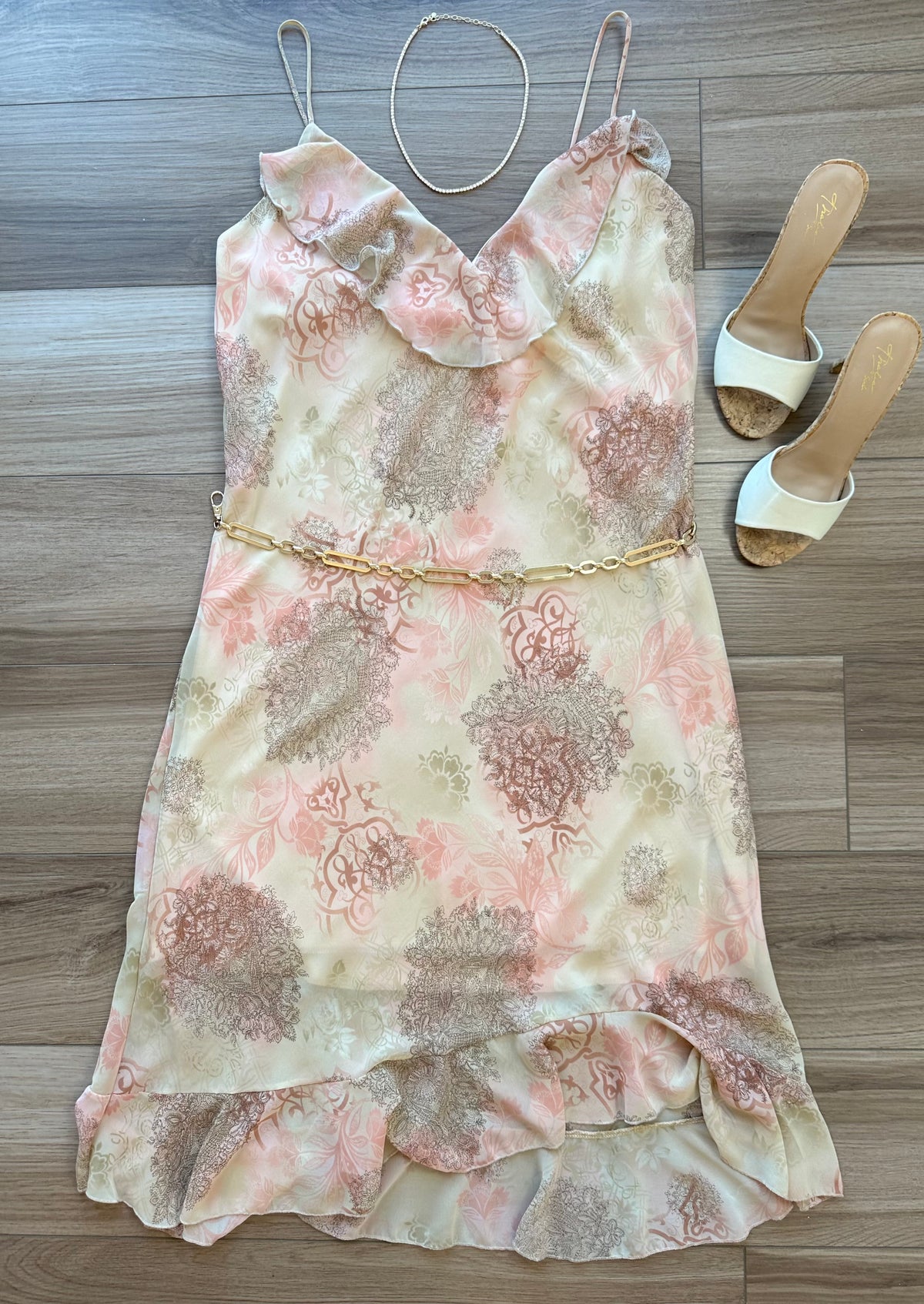 Vintage Tan Peach Printed Frilly Slip Dress Midi