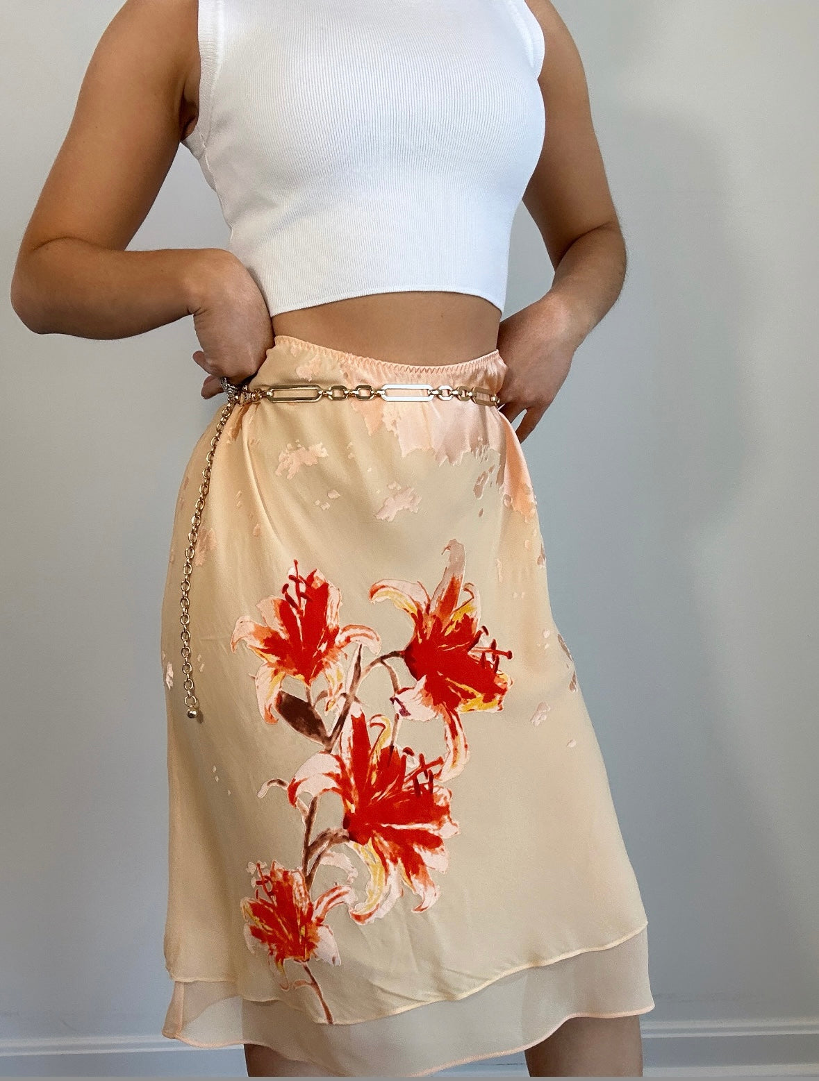 Y2k Peach Hibiscus Floral Print Silk Midi Slip Skirt