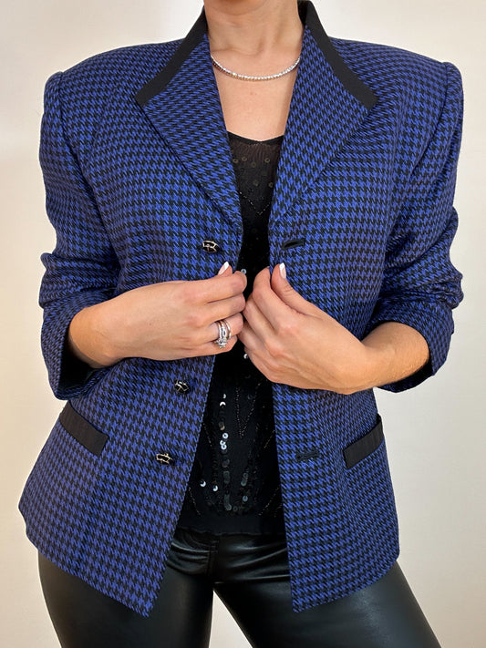 Vintage Le Suit Royal Blue Black Houndstooth Blazer Jacket