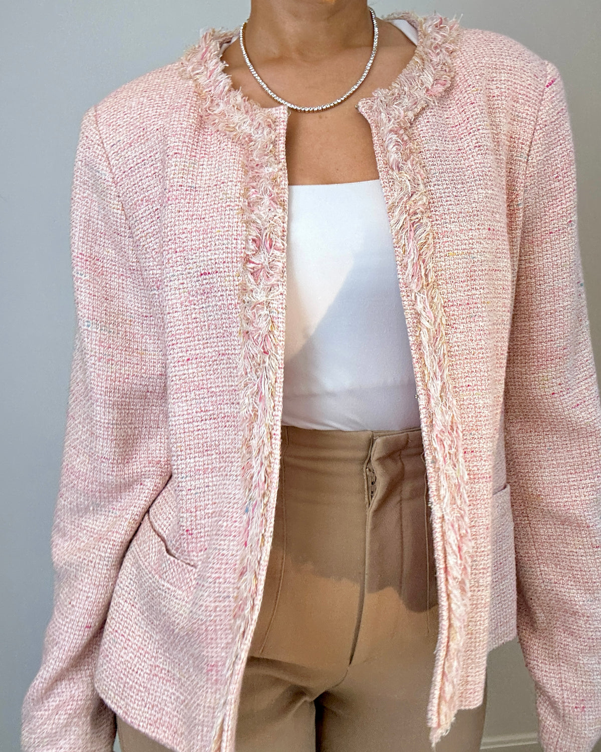 Alfani Light Pink Tweed Fringe Trim Blazer Jacket
