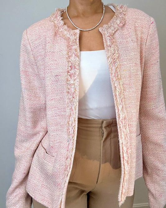 Alfani Light Pink Tweed Fringe Trim Blazer Jacket