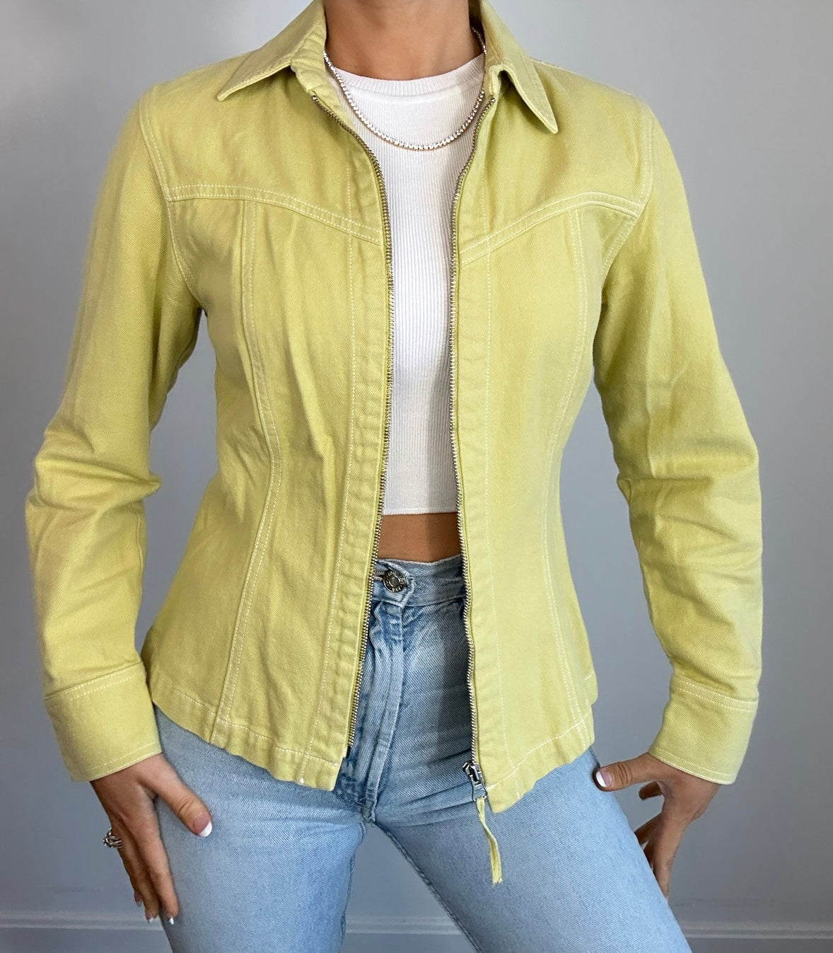 Y2K Lime Green Zip Up Denim Jacket