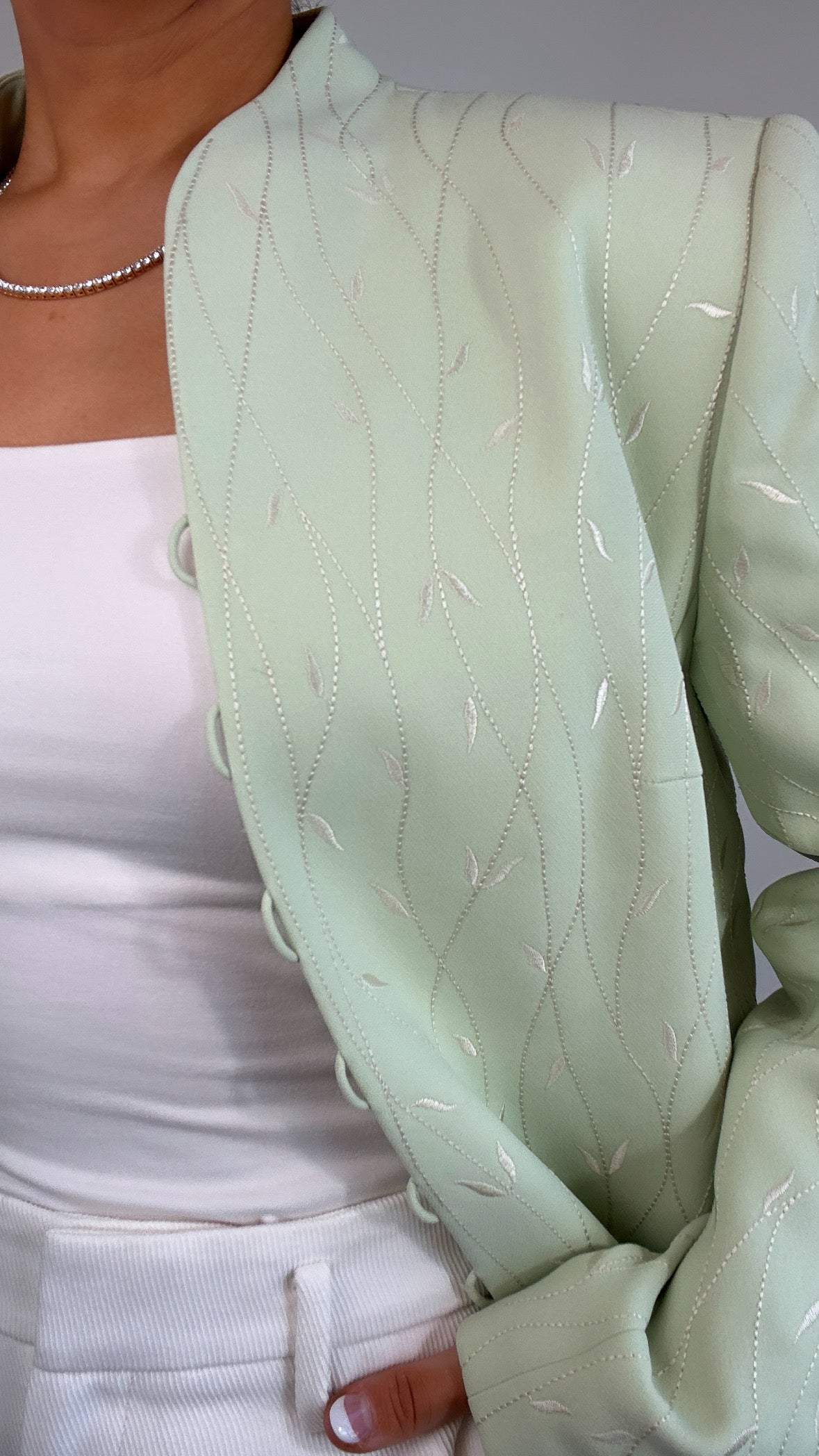 Vintage Light Green White Embroidered Longline Blazer Jacket