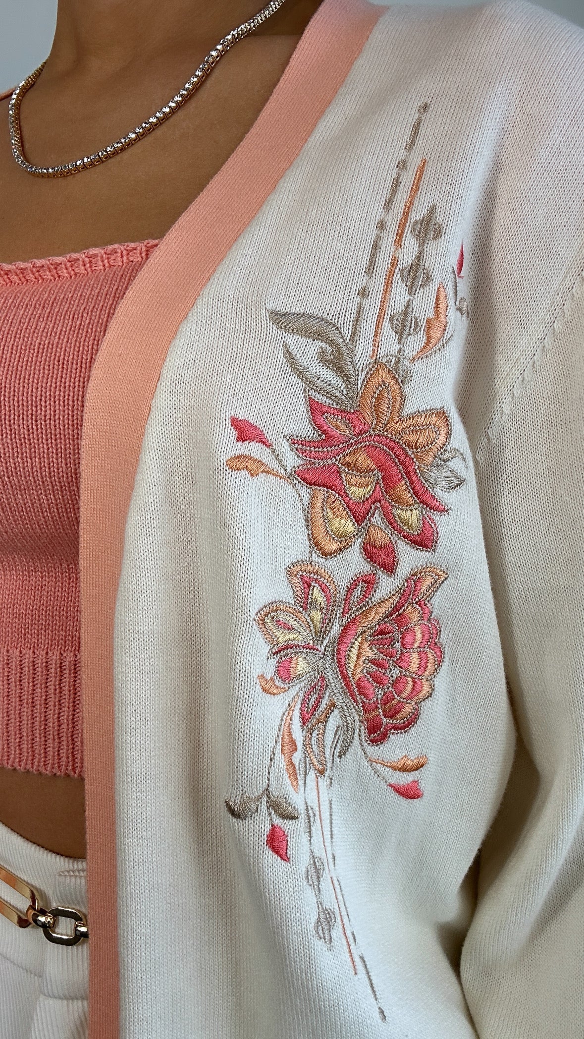 Vintage Peach & Cream Floral Embroidered Kimono Cardigan