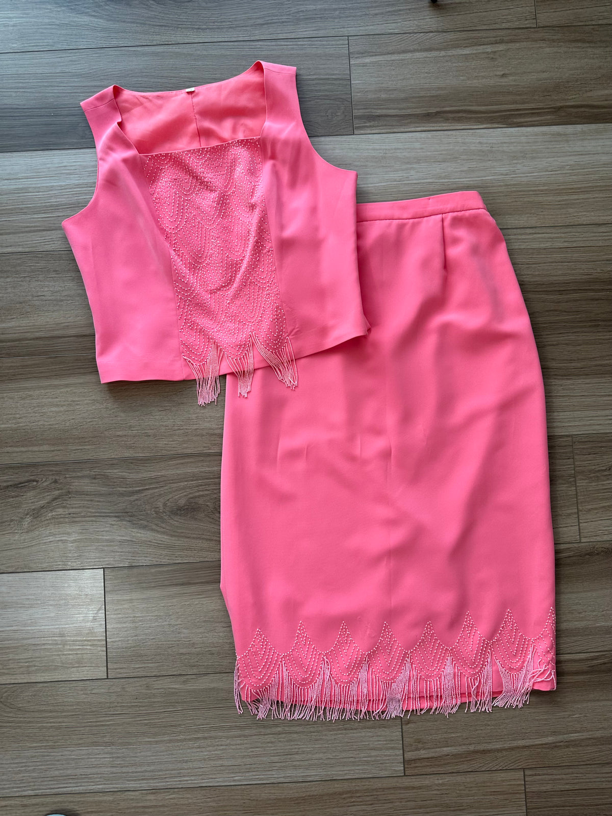 Y2K Vibrant Pink Beaded Sparkly Matching Skirt Set