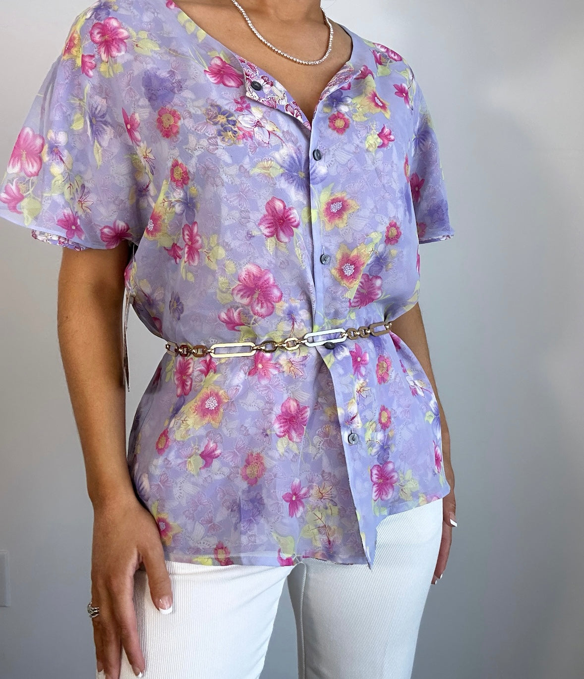 Vintage Lavender Pink Reversible Butterfly Floral Blouse