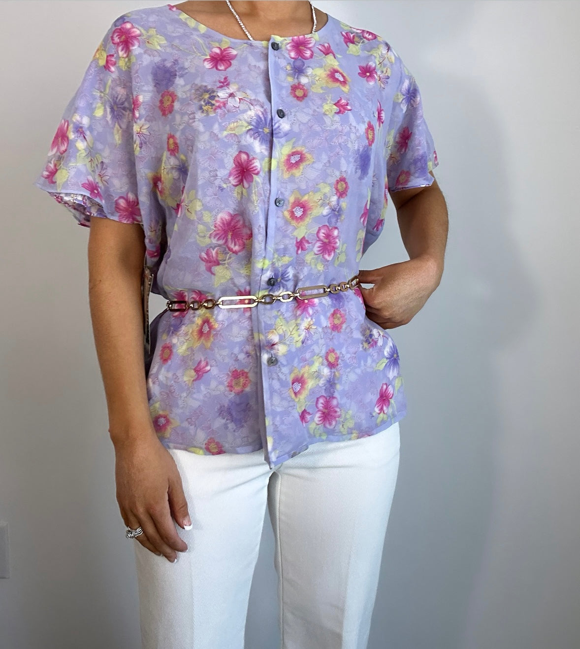 Vintage Lavender Pink Reversible Butterfly Floral Blouse