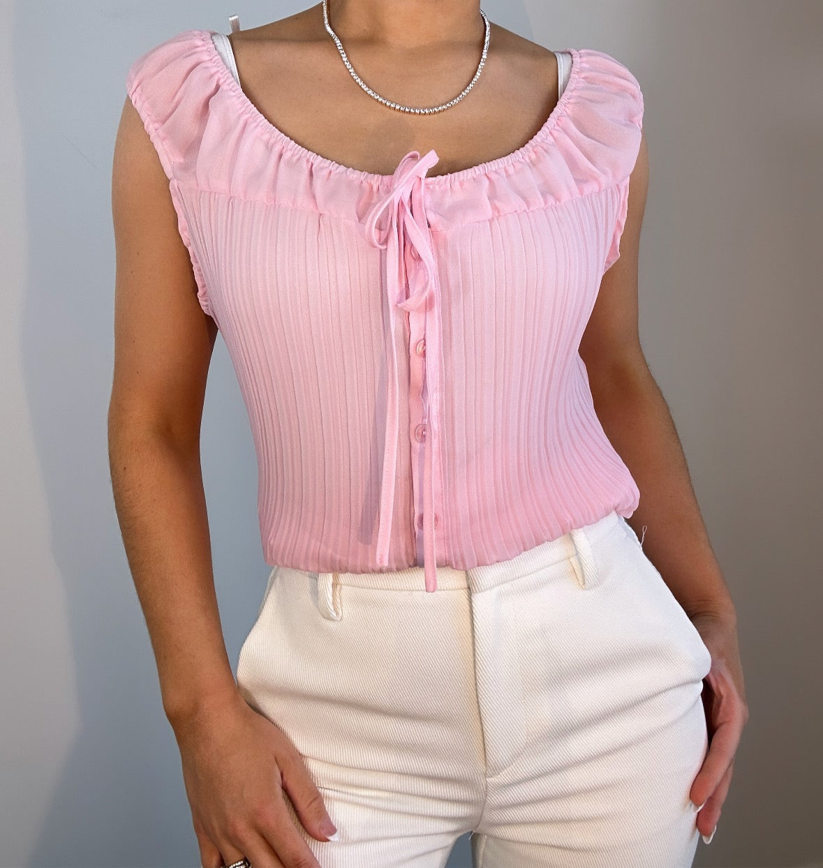 Y2k Plisse Sheer Pink Bow Tie Tank Top Blouse