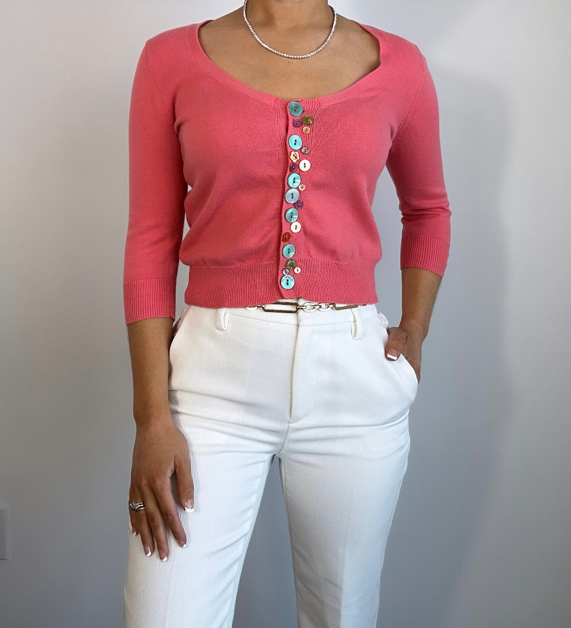 Y2K Salmon Multicolor Button Crop Mini Cardigan Top
