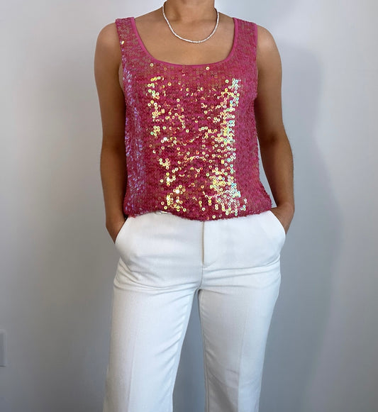 Y2k Hot Pink Silk Sequin Tank Top