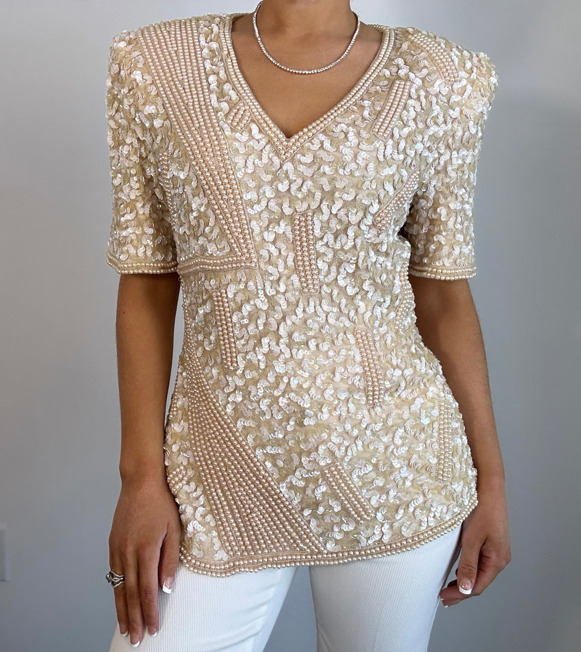 Vintage Silk Sequin Pearl Beaded Cream Statement Top