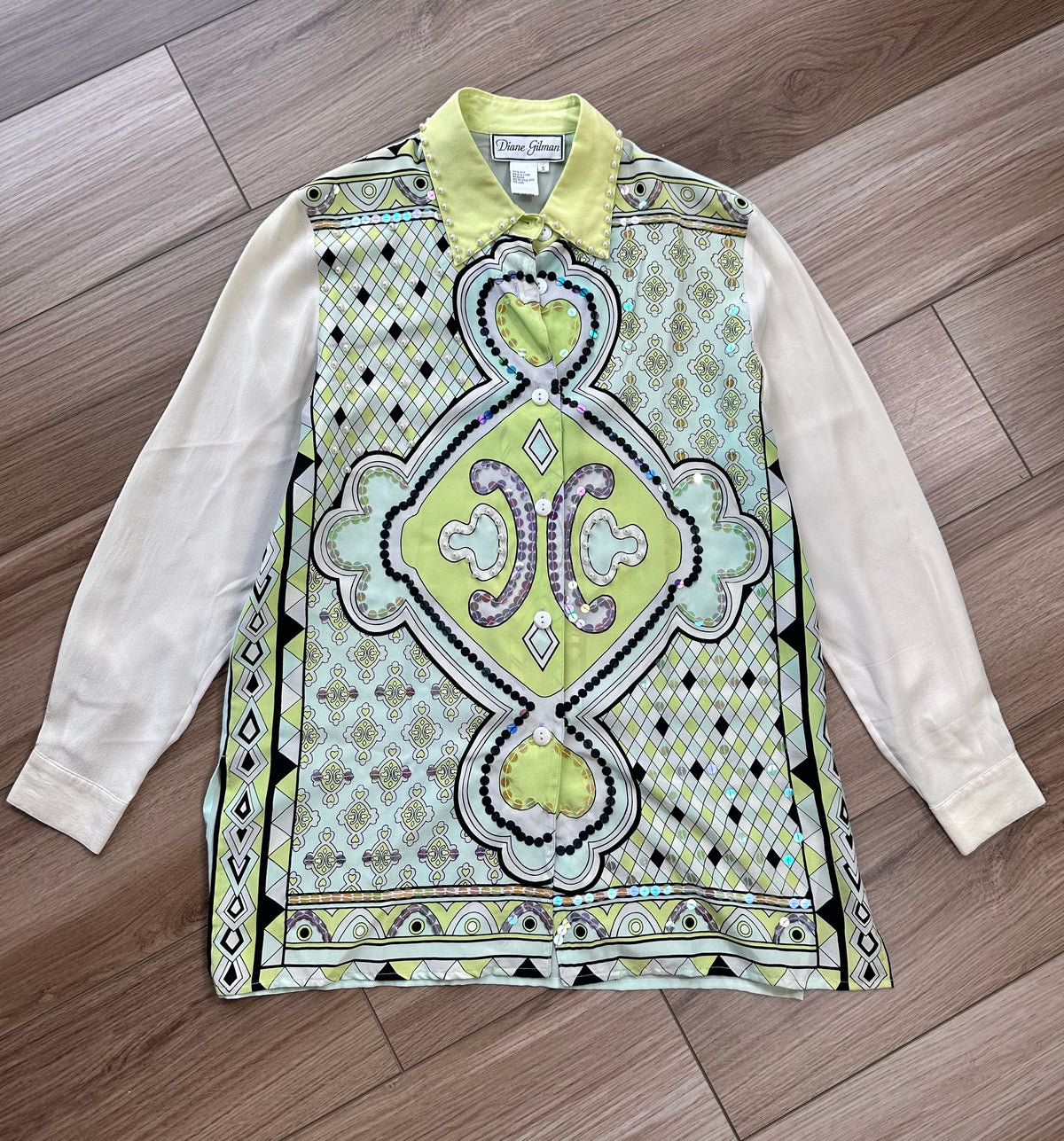Vintage Diane Gilman 100% Silk Sequin Lime Green Patterned Button Down Top