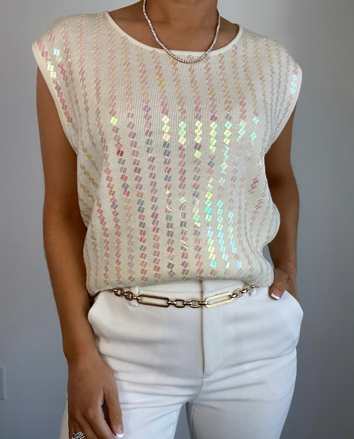 Vintage Victoria Jones Cream Sequin Knit Tank Top