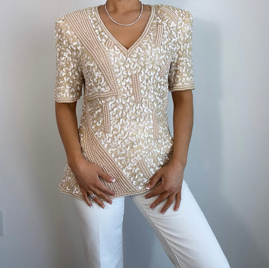 Vintage Silk Sequin Pearl Beaded Cream Statement Top